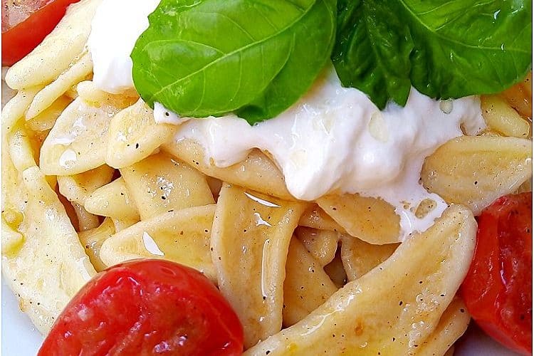 Foglie d'ulivo con pomodorini e stracciatella - la cucina pugliese